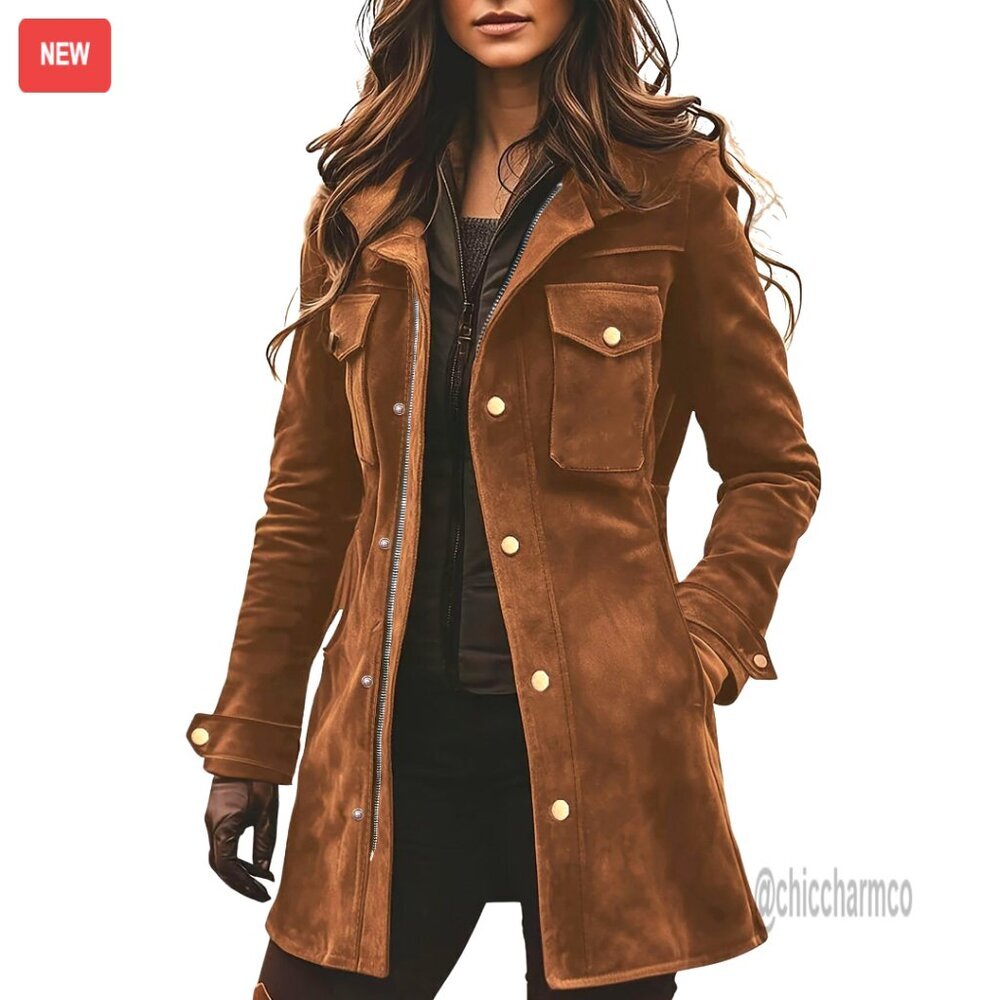 Faux Suede Utility Jacket Zip Up Military Safari Shacket Midi Long